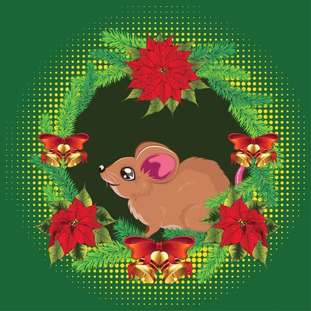 Decorative christmas, new years greetings with brown rat and poinsettia.のイラスト素材