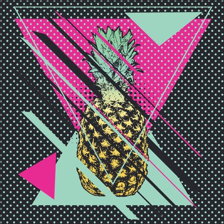 Grunge illustration of pineapple with colorful geometric elements, retro style design.のイラスト素材