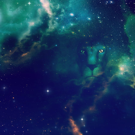Digital rendered illustration of a 3d lion in the dark starry space scene.