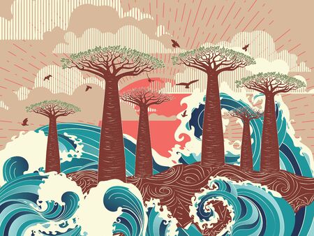 Stylized tree and stormy ocean or sea at sunset, art poster design.のイラスト素材