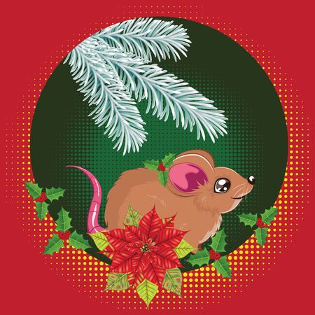 Decorative christmas, new years greetings with brown rat and poinsettia.のイラスト素材