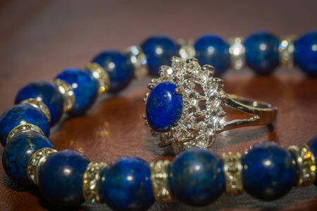 Boho beaded bracelet made of dark blue natural stone, Lapis lazuli macro.の写真素材