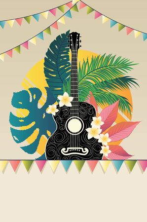 Music design with retro acoustic guitar and tropical leaves and flowers.のイラスト素材