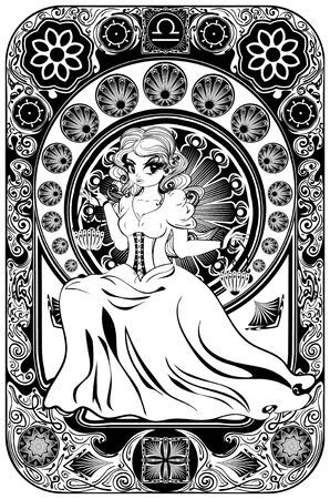 Decorative floral frame and girl with scales in retro style, libra zodiac art nouveau inspired illustration.のイラスト素材