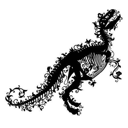 Black silhouette of a tyrannosaurus rex skeleton on white background.のイラスト素材