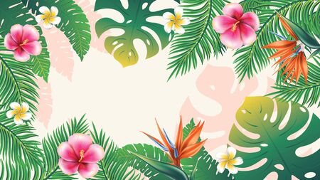 Floral banner with tropical leaves and exotic flowers design.のイラスト素材