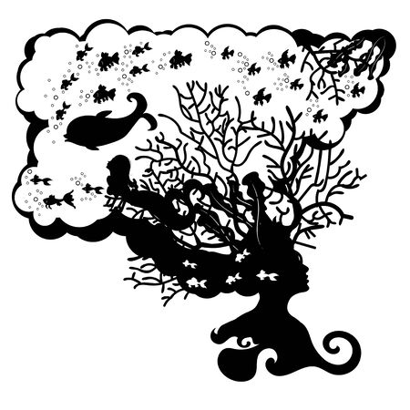 Underwater scene with coral reef, fishes and mermaid inside of an abstract human head in black and white.のイラスト素材