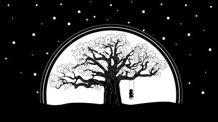 Silhouette of girl on swing and big tree in the night background.のイラスト素材