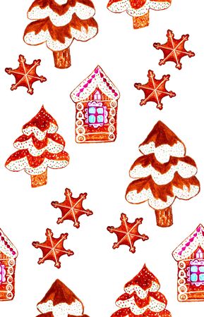 Christmas seamless pattern with gingerbread cookies houses and trees, watercolor.の写真素材
