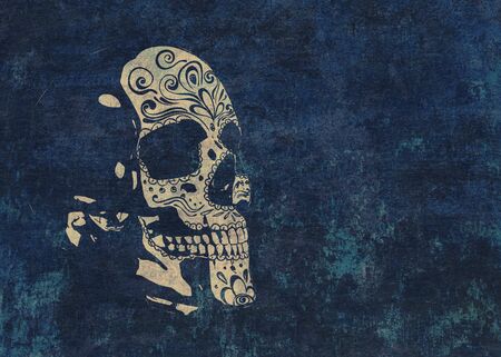 Grunge retro style illustration of floral sugar skull design, hard texture background.の写真素材