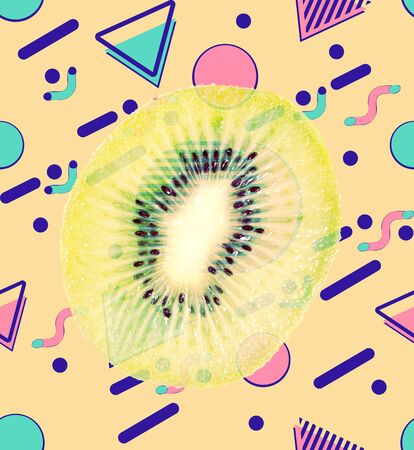 Retro style patterns with kiwi slice and colorful geometric elements design.の写真素材