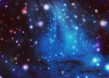 Mysterious night autumn forest and soft moonlight rays, photomanipulation.