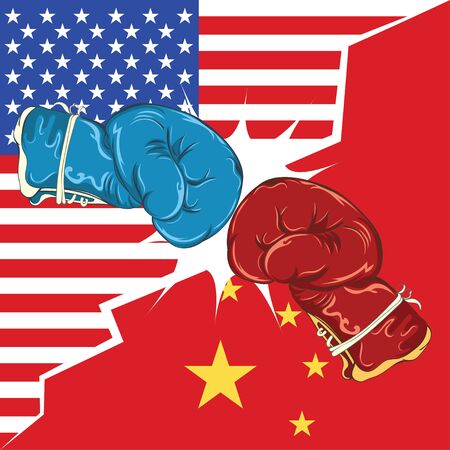 Retro boxing gloves red and blue, USA and China trade war concept.のイラスト素材