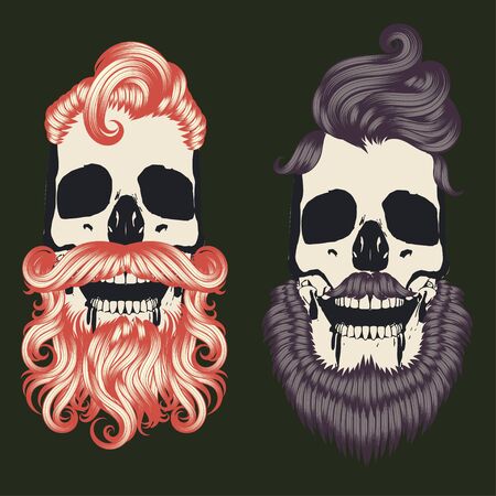 Bearded skull with hipster hairstyle for men, modern retro colorful design.のイラスト素材