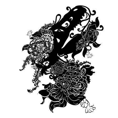 Silhouette of a tyrannosaurus rex skeleton with flowers on white background.のイラスト素材