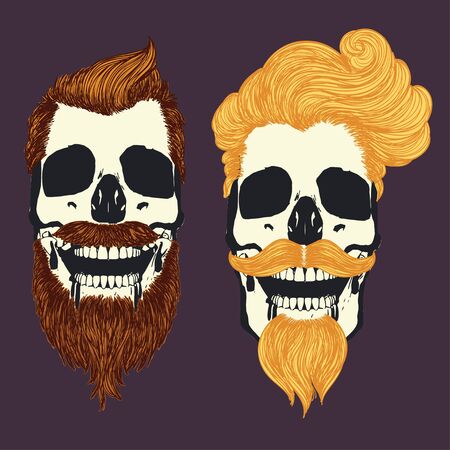 Bearded skull with hipster hairstyle for men, modern retro colorful design.のイラスト素材