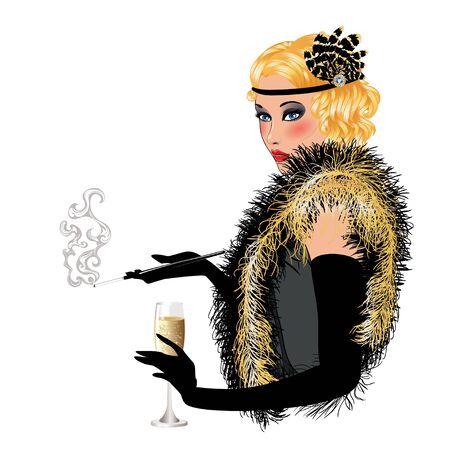 Retro fashion woman with cigarette and glass of wine, art deco style.のイラスト素材