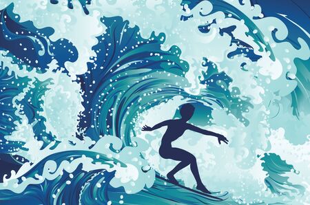 Rushing waves and surfing man silhouette design.のイラスト素材
