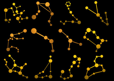 Collection of 12 zodiac symbols, golden icons on black background illustration.