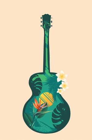 Music design with retro acoustic guitar and tropical leaves and flowers.のイラスト素材