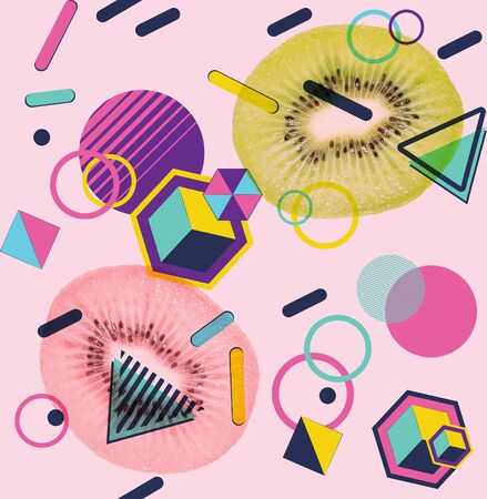 Retro style patterns with kiwi slice and colorful geometric elements design.の写真素材