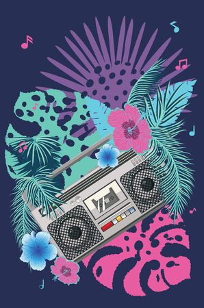Retro 80s music poster with boombox and tropical leaves design.のイラスト素材