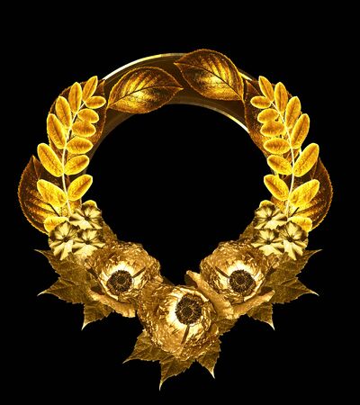Abstract decorative floral frame with yellow gold leaves and flowers on black background.の写真素材