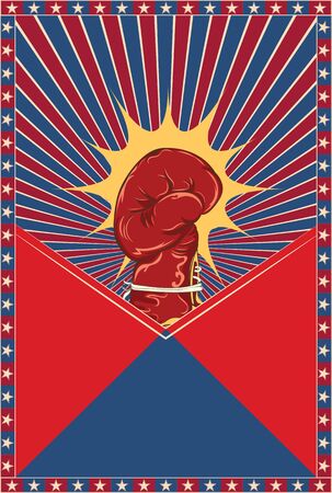 Retro background with boxing glove over red and blue rays and star frame.のイラスト素材