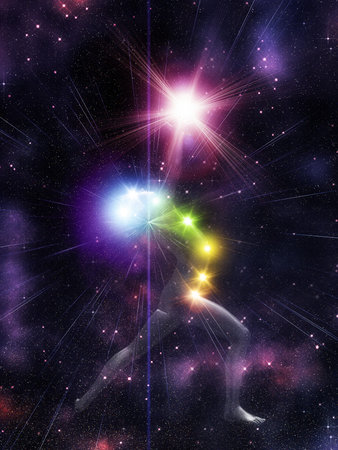 Digitally rendered 3d illustration of human maneken in yoga position with glowing chakras...