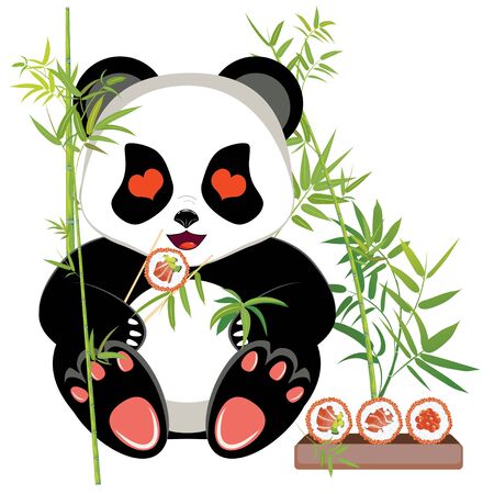 Cute cartoon panda bear eating tasty sushi design.のイラスト素材