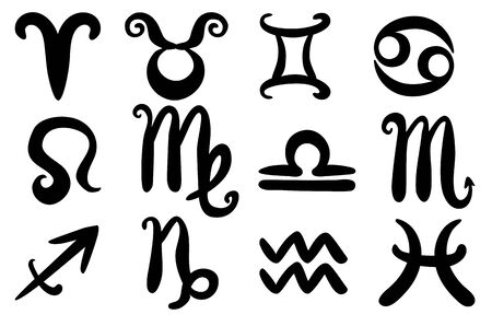 Collection of 12 zodiac symbols, black icons illustration.のイラスト素材