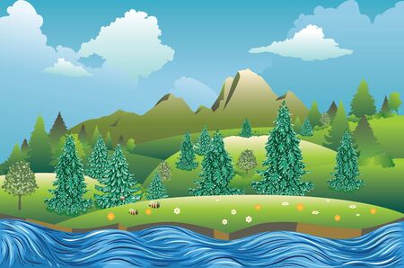 Fast river, fir trees near big mountain summer landscape.のイラスト素材