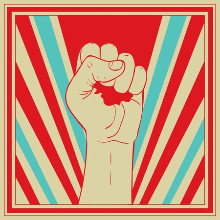 Retro style banner with fist raised up over background with rays.のイラスト素材