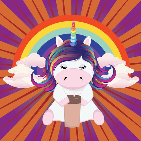 Cute cartoon unicorn with colorful rainbow illustration.のイラスト素材