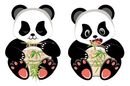 Cute cartoon panda bear eating tasty ramen, noodle soup with bamboo design.のイラスト素材