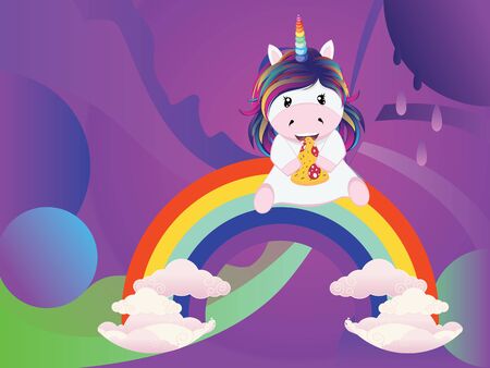 Cute cartoon unicorn with tasty slice of pizza illustration.のイラスト素材