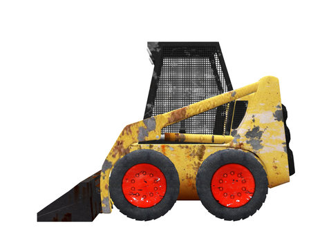 Digitally rendered illustration of 3d yellow excavation car on white background.
