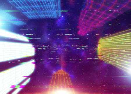 Skyscrapers with neon glowing grid over dark night background.