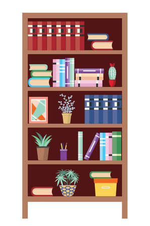 Abstract bookshelf with books and house plants illustration.のイラスト素材