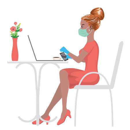 Freelancer, student or business woman in mask sitting on a chair and working on laptop in cafe or from home.のイラスト素材