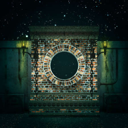Digitally rendered old brick wall with round window in the night, 3d illustration.の写真素材