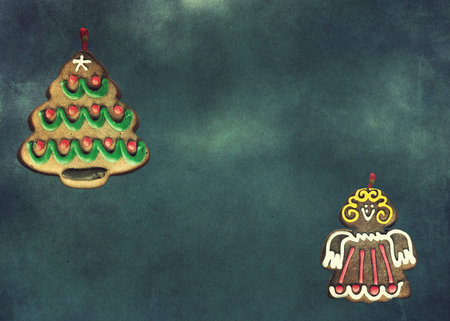 Digitally rendered christmas gingerbread cookies, 3d illustration with grunge paper texture.
