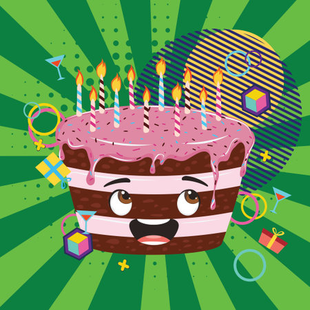 Tasty birthday chocolate cake with pink icing and candles, funny character design.