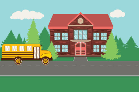 Rural school building and yellow bus illustration.