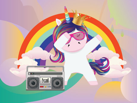 Cute cartoon unicorn with music boombox retro design.