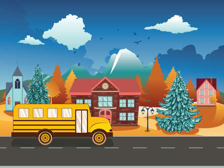 Rural school building and yellow bus illustration.のイラスト素材