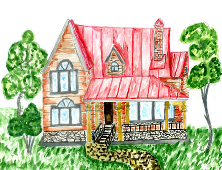 Decorative rural house building hand drawn illustration.の写真素材