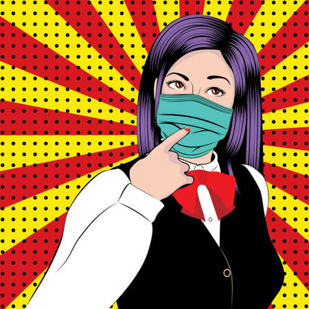 Young thoughtful woman wears disposable face mask pop art style illustration.のイラスト素材