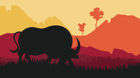 Illustration of landscape and bull silhouette at sunset time.のイラスト素材