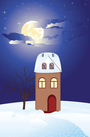 Cold winter rural landscape with cottage illustration.のイラスト素材